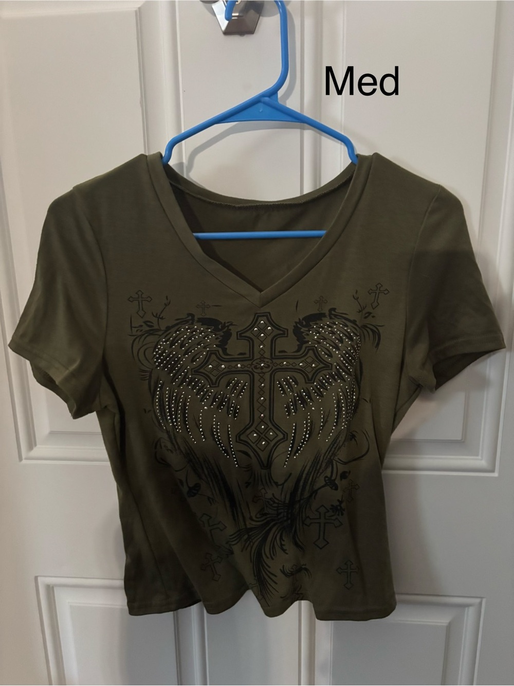 Olive Green V-Neck Embellished Cross Graphic Tee
